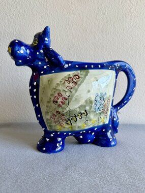 Hand-Painted Ceramic Cow Pitcher With Abstract Design - Blue & Multicolor - 6.5"